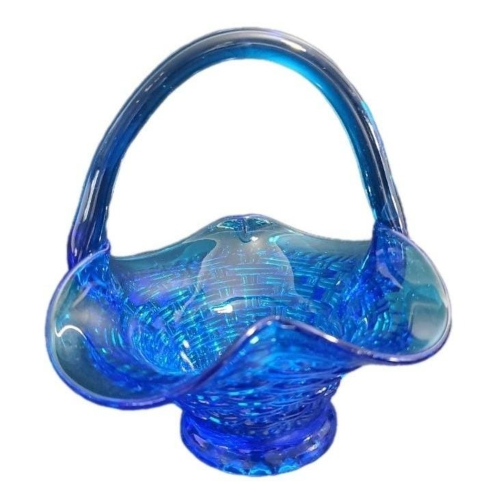 Vintage Blue Glass Weaved Basket Candy Dish‎ Easter Basket